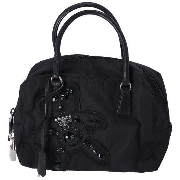 PRADA Triangle Logo Handbag Black Nylon Leather Bear Beaded - Picture 1 of 7